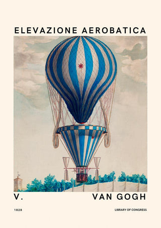 Vintage illustration of a blue and white striped hot air balloon flying, labeled Elevazione Aerobatica by Van Gogh.