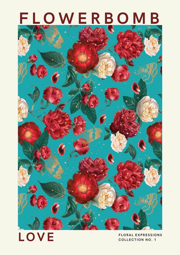 Poster with vibrant red and white flowers on a teal background, titled "Flowerbomb Love" floral wall art.