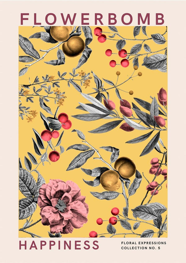 Poster with "Flowerbomb Happiness" text, featuring illustrated flowers and fruit on a yellow background.