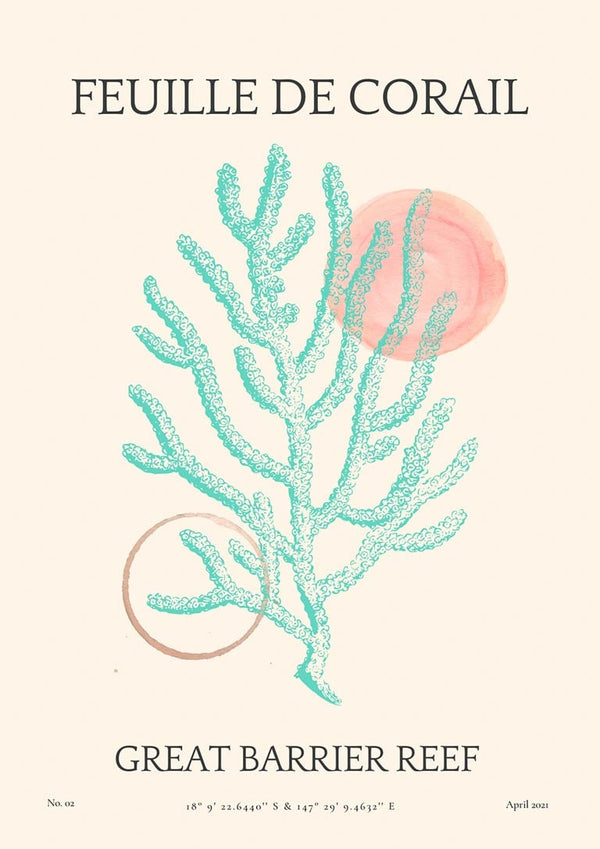 Art print of turquoise coral branches with abstract circles, titled "Feuille De Corail no. 02" for living room decor.