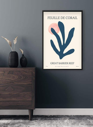 Feuille De Corail no. 05 wall art above a wooden dresser in a modern living room setting.