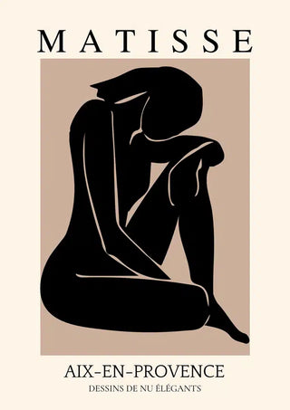 Minimalist black silhouette of a seated nude figure inspired by Matisse, with text "Aix-En-Provence".