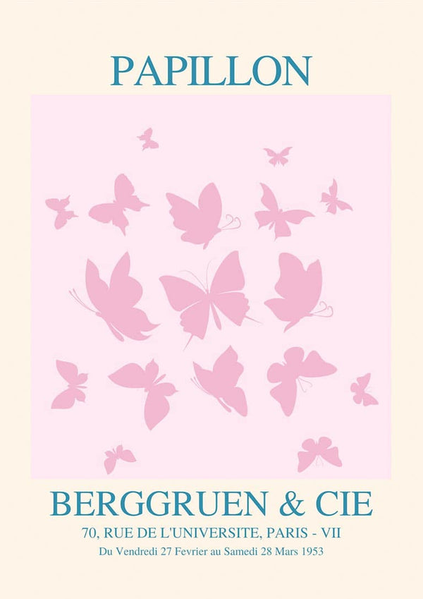 Poster of pink butterflies with the text "Papillon" and gallery details for Inspired Papillon No. 02 Plakat.