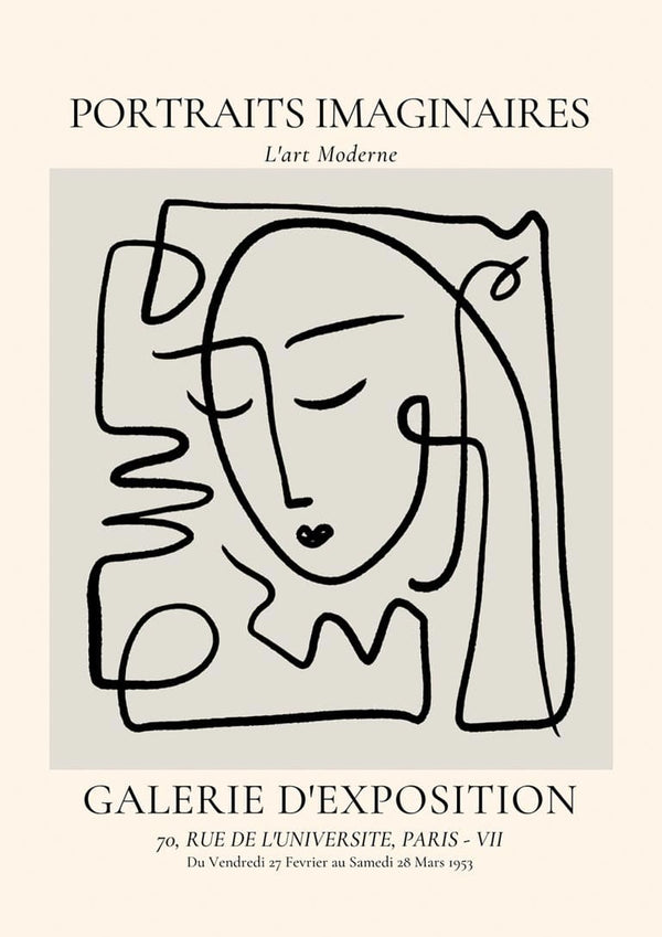 Minimalist line drawing of a serene face with closed eyes, titled "Portraits Imaginaires Grey Plakat".