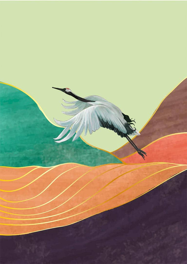 Illustration of a crane flying over stylized Japanese mountains with green, orange, and purple tones.