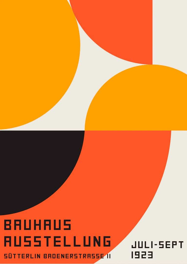 Geometric Bauhaus Orange Plakat featuring bold circles and typography, advertising a 1923 exhibition.