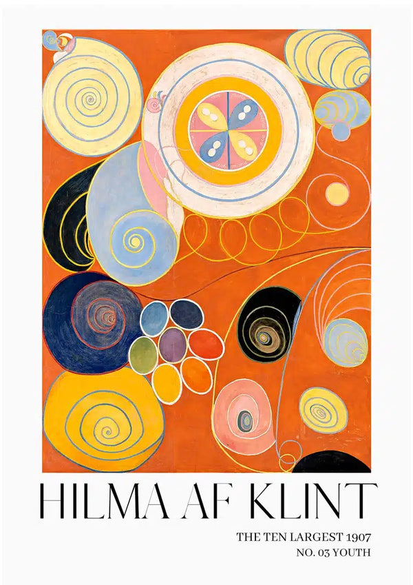 Abstract artwork with colorful spirals and shapes on orange background; Hilma af Klint – Youth No. 3 Plakat.