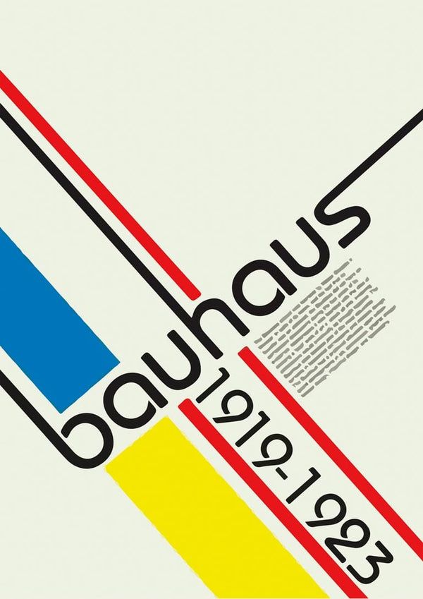 Bauhaus Lines Plakat with bold red, blue, and yellow lines and text reading "bauhaus 1919-1923" on a cream background.