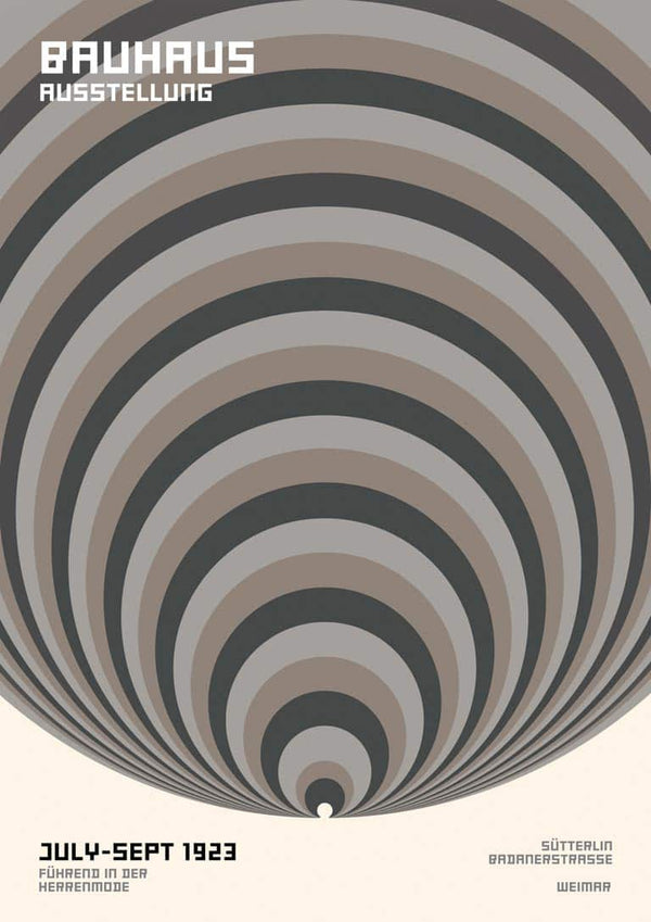 Abstract poster with concentric grey circles and Bauhaus-style text, titled "Bauhaus Big Circles Grey Plakat."