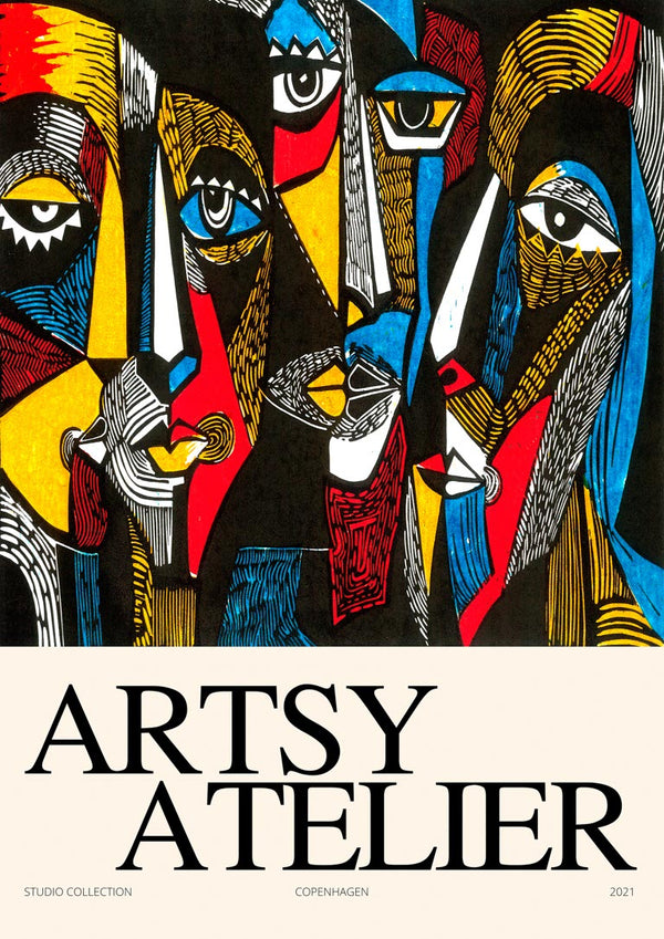 Colorful abstract faces illustration with bold lines, shown on the This is Artsy Atelier Plakat product page.