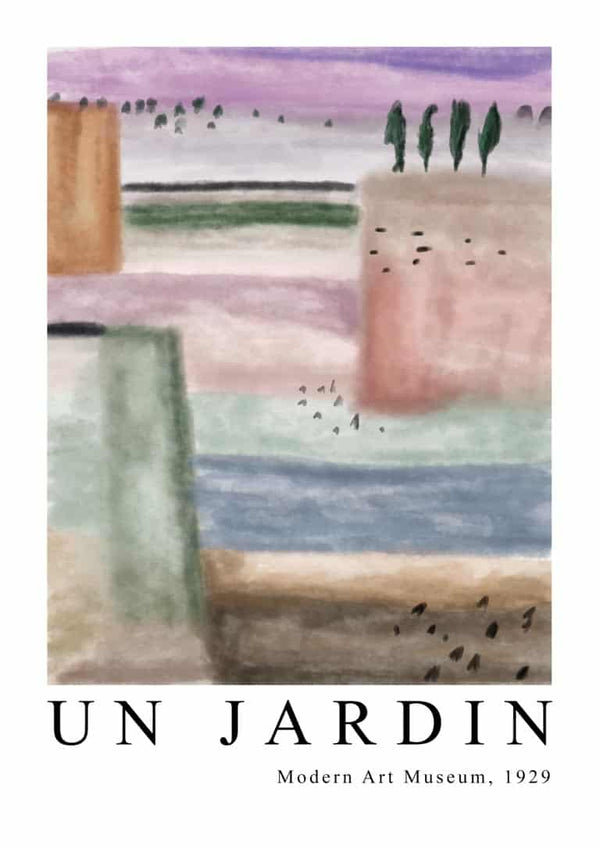 Abstract watercolor landscape with pastel blocks and trees, inspired by Paul Klee. Text reads: "UN JARDIN."