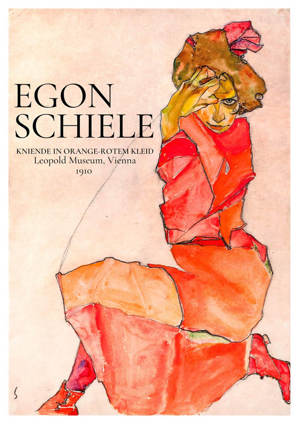Poster of Egon Schiele's "Kniende in orange-rotem Kleid" featuring a kneeling figure in an orange-red dress, 1910.
