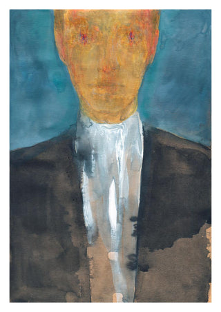 Abstract portrait of a faceless man in a suit against a blue background, featured on the Anonymous Man Plakat.