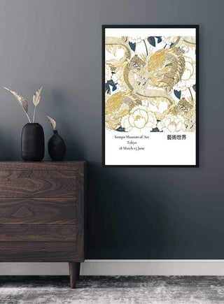 Framed Gold Dragon Japandi Art print on a gray wall above a dark wood dresser with decorative vases.