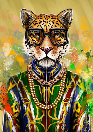Stylish leopard wearing glasses, gold chains, and a colorful patterned jacket on a vibrant background.