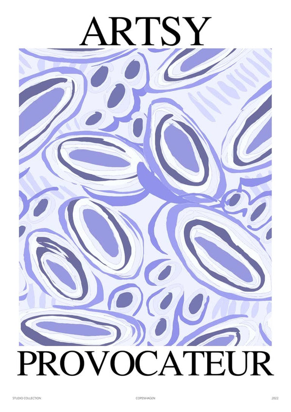 Abstract blue and purple shapes on white background, "ARTSY PROVOCATEUR" text above and below the artwork.
