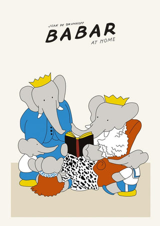 Illustration of Babar the elephant family reading together, wearing crowns, from "Babar at Home" poster.