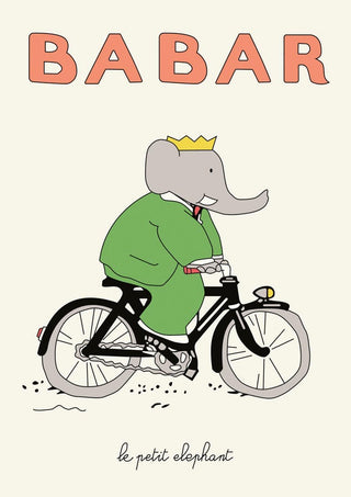 Illustration of Babar the elephant wearing a crown and green suit, riding a bicycle, with "Babar" text above.