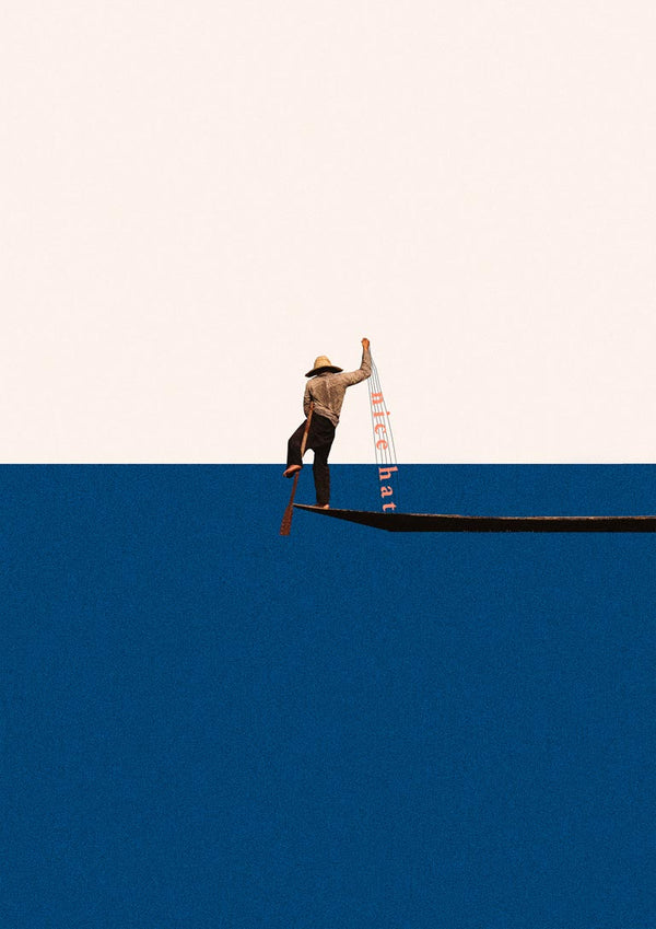 Minimalist artwork of a person fishing from a boat, titled "Fishing for compliments" by Maarten Léon.