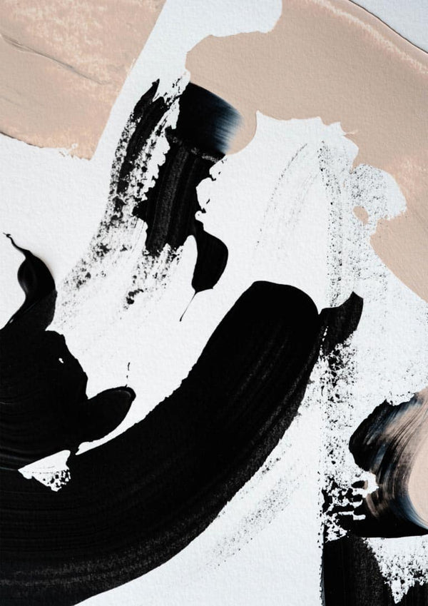 Abstract artwork with bold black and soft nude brushstrokes on white, from Black and Nude No 1 by Anastasia Sawall.