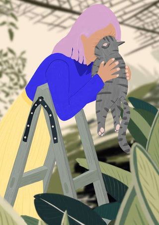 Illustration of a person on a ladder hugging a gray tabby cat, surrounded by lush green plants.