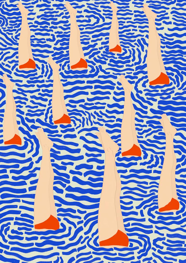 Illustration for BaApistas - Jotadejai featuring legs in orange swim caps above wavy blue water.