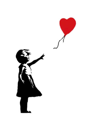 Stencil art of a girl reaching for a red heart-shaped balloon, inspired by Banksy's "Girl With Love Balloon."