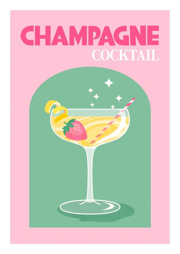 Illustration of a champagne cocktail with a strawberry and lemon twist in a glass, text reads "Champagne Cocktail."