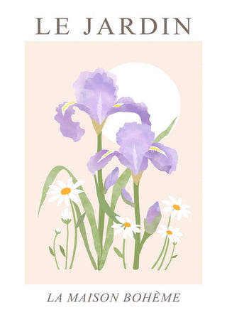 Watercolor illustration of purple irises and white daisies with sun, for Le Jardin no. 2 by La Maison Bohème.