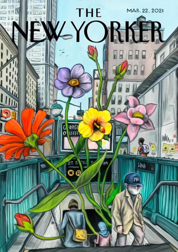 Illustration of giant colorful flowers growing from a subway entrance in New York City, with people walking by.