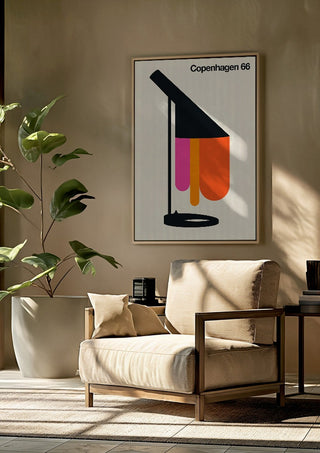 Copenhagen 66 by Bo Lundberg framed above a beige armchair beside a potted plant