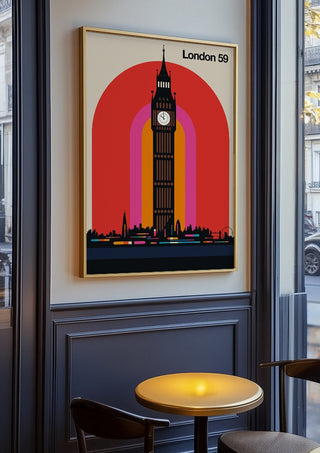 London 59 by Bo Lundberg in an oak frame on a panelled café wall