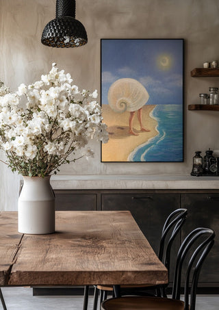 Return to the sea by NeReid in a black frame above a rustic table with white flowers