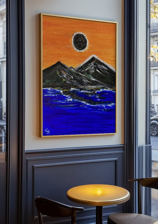 Overshadow by Fábio Diniz Art in an oak frame on a panelled café wall