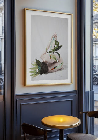 Letargo II by Rocio Montoya in an oak frame on a panelled café wall