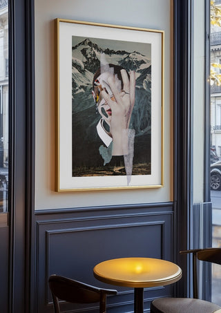 Birdie by Rocio Montoya in an oak frame on a panelled café wall