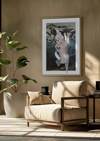 Birdie by Rocio Montoya framed above a beige armchair beside a potted plant