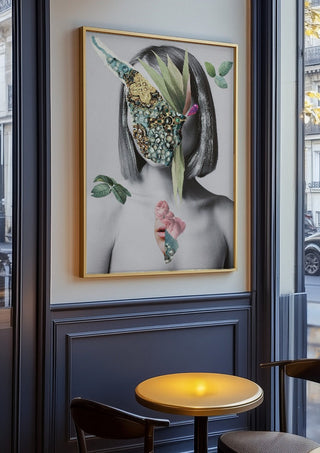 The color of fresh roses by Rocio Montoya in an oak frame on a panelled café wall