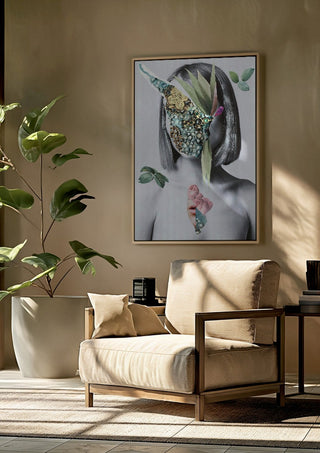 The color of fresh roses by Rocio Montoya framed above a beige armchair beside a potted plant