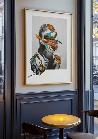 Spring landscape by Rocio Montoya in an oak frame on a panelled café wall