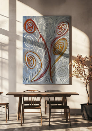 Coil by Fábio Diniz Art hanging above a wooden dining table in warm sunlight