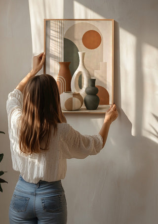 Bohemian Ceramic Vases – Terracotta & Geometric Harmony by TimlessArtworks being hung on a sunlit wall