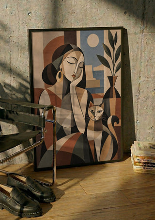 Geometric Woman & Cat – Earthy Cubist Harmony by TimlessArtworks in a black frame leaning against a concrete wall by a steel chair