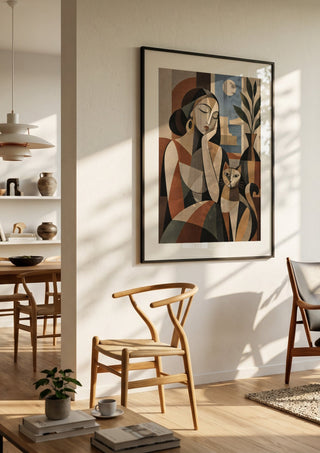Geometric Woman & Cat – Earthy Cubist Harmony by TimlessArtworks in a black frame in a bright dining room with wooden chairs