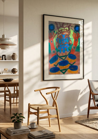 uppstigning by Hampus Nerén in a black frame in a bright dining room with wooden chairs