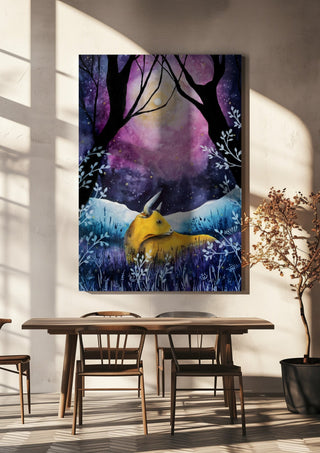 Where the Sky Breathes by Evgenia Smirnova hanging above a wooden dining table in warm sunlight