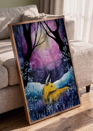 Where the Sky Breathes by Evgenia Smirnova in a walnut frame leaning against a grey sofa