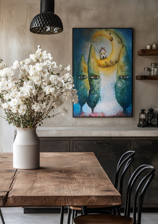 Whispering Trees by Evgenia Smirnova in a black frame above a rustic table with white flowers