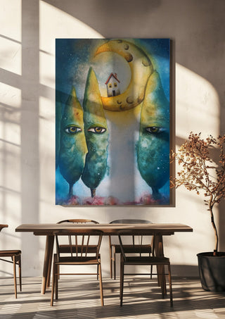 Whispering Trees by Evgenia Smirnova hanging above a wooden dining table in warm sunlight