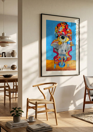 Allegorie schizophrener Psychosen - "Trampelismus" by wodeoldau in a black frame in a bright dining room with wooden chairs